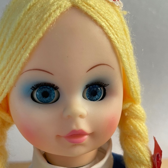 Swiss Miss Cloth Doll Blue Sleepy Eyes Blond Yarn Hair Braids Vinyl Face Cocoa - Picture 3 of 9